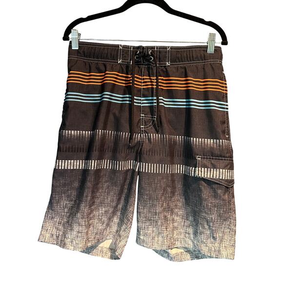 Sonoma Swimming Trunks Size Small Grey Turquoise Orange Striped Velcro Pockets - Picture 1 of 9